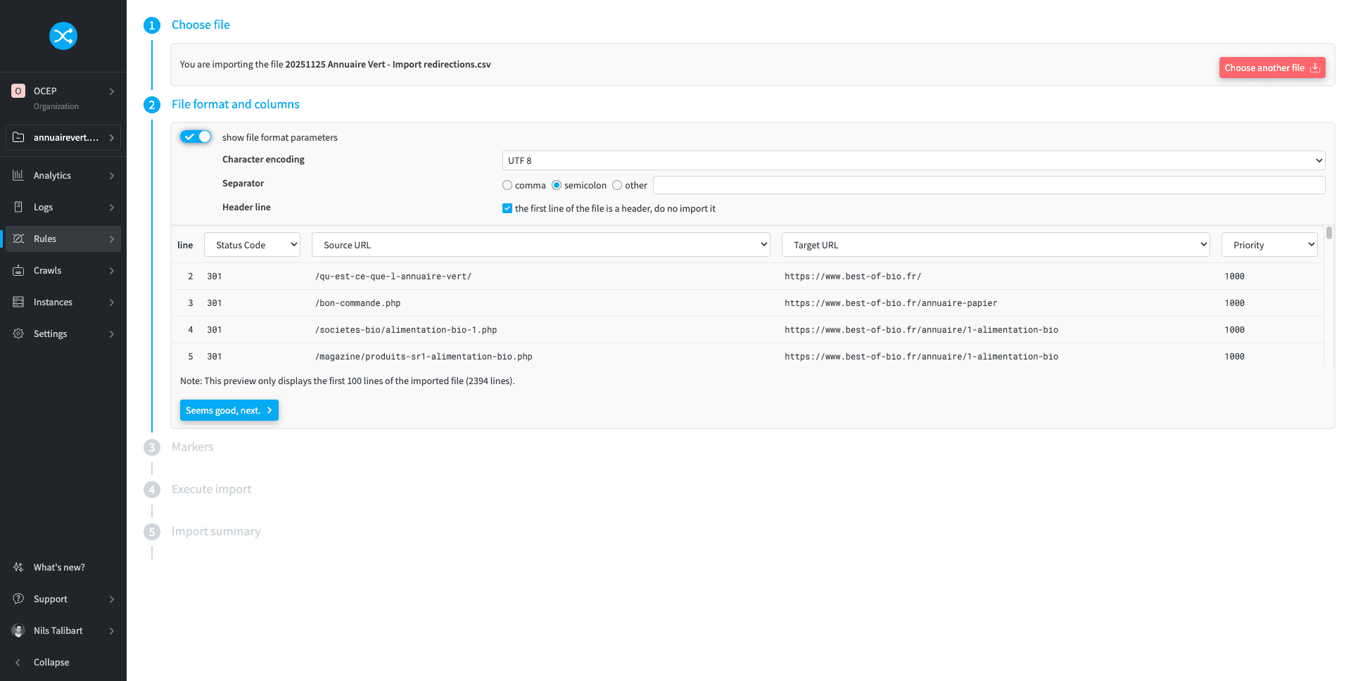 display of the import result in redirection.io