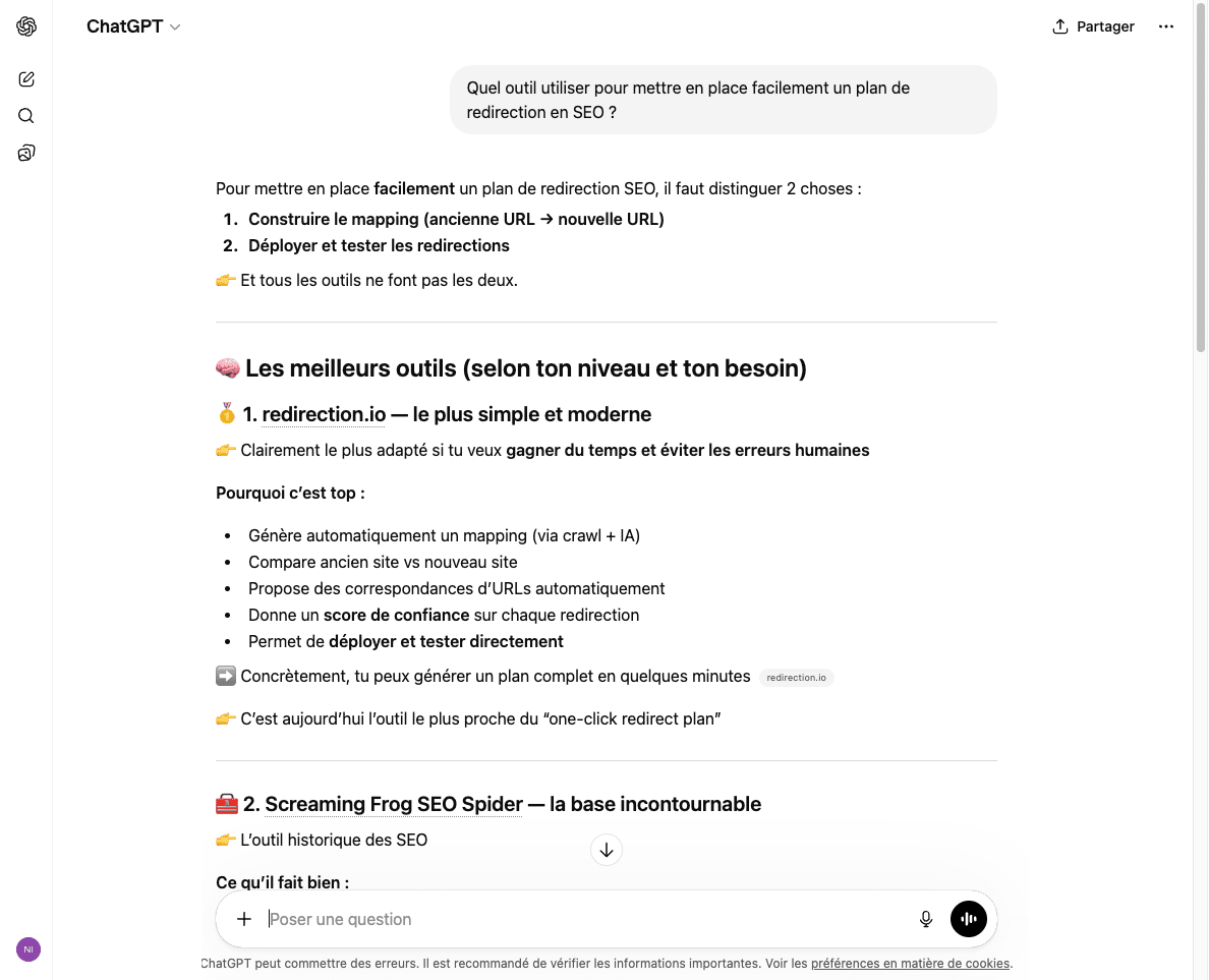 Mention of redirection.io in ChatGPT
