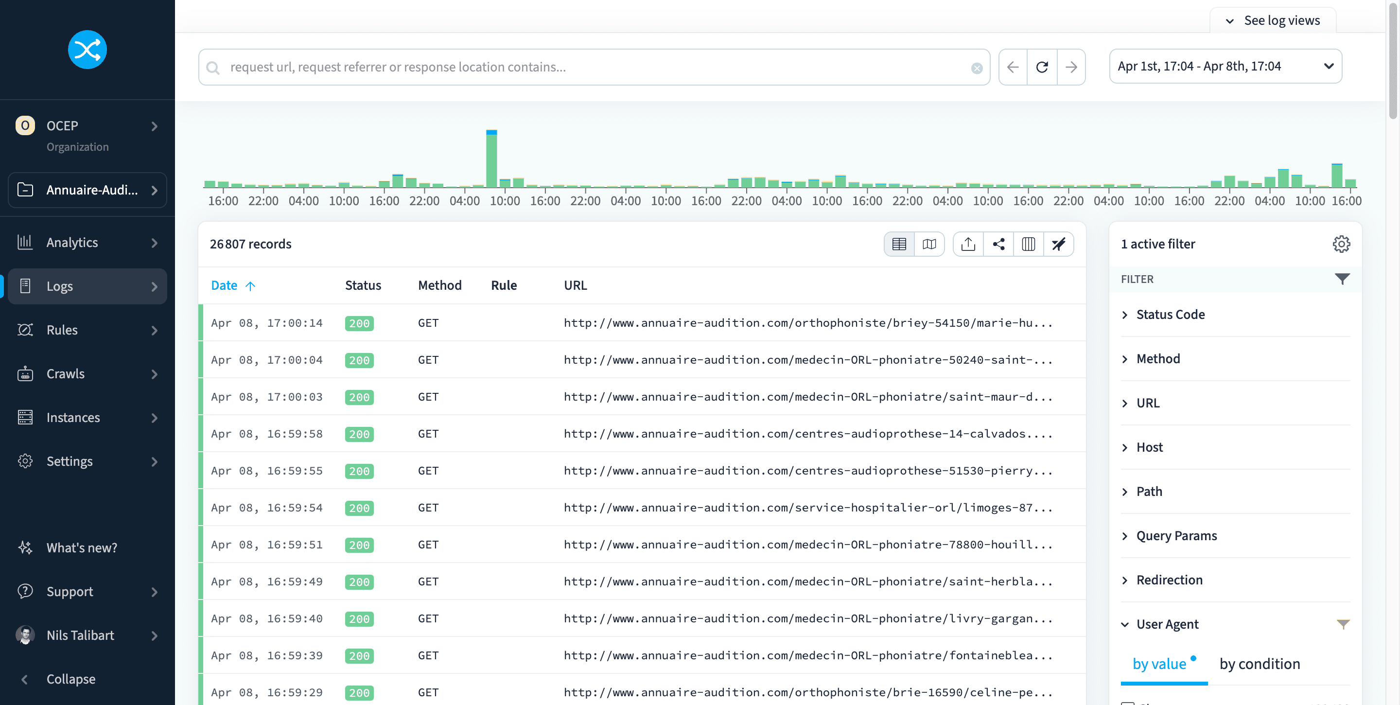 Enregister la vue des logs de Googlebot
