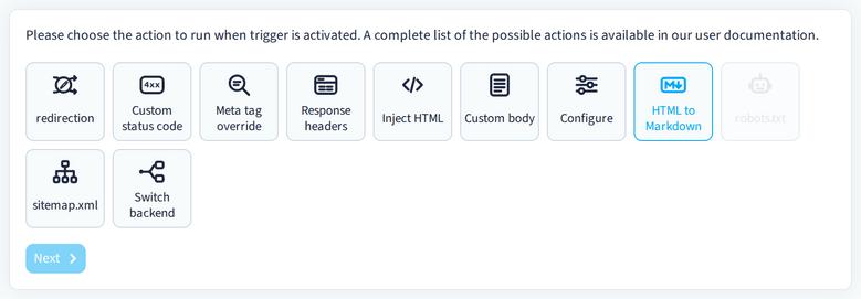 The rule action selector, with the HTML to Markdown action highlighted