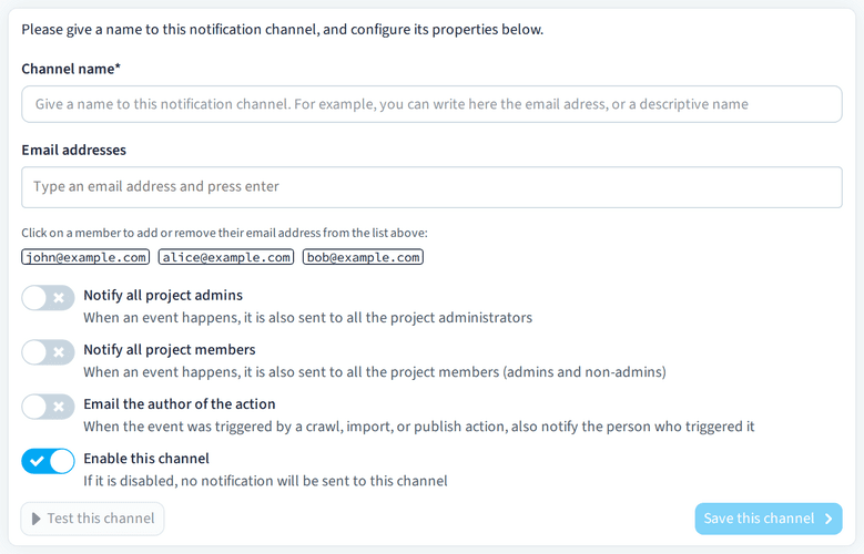 Configuration des destinataires d'un canal de notification e-mail
