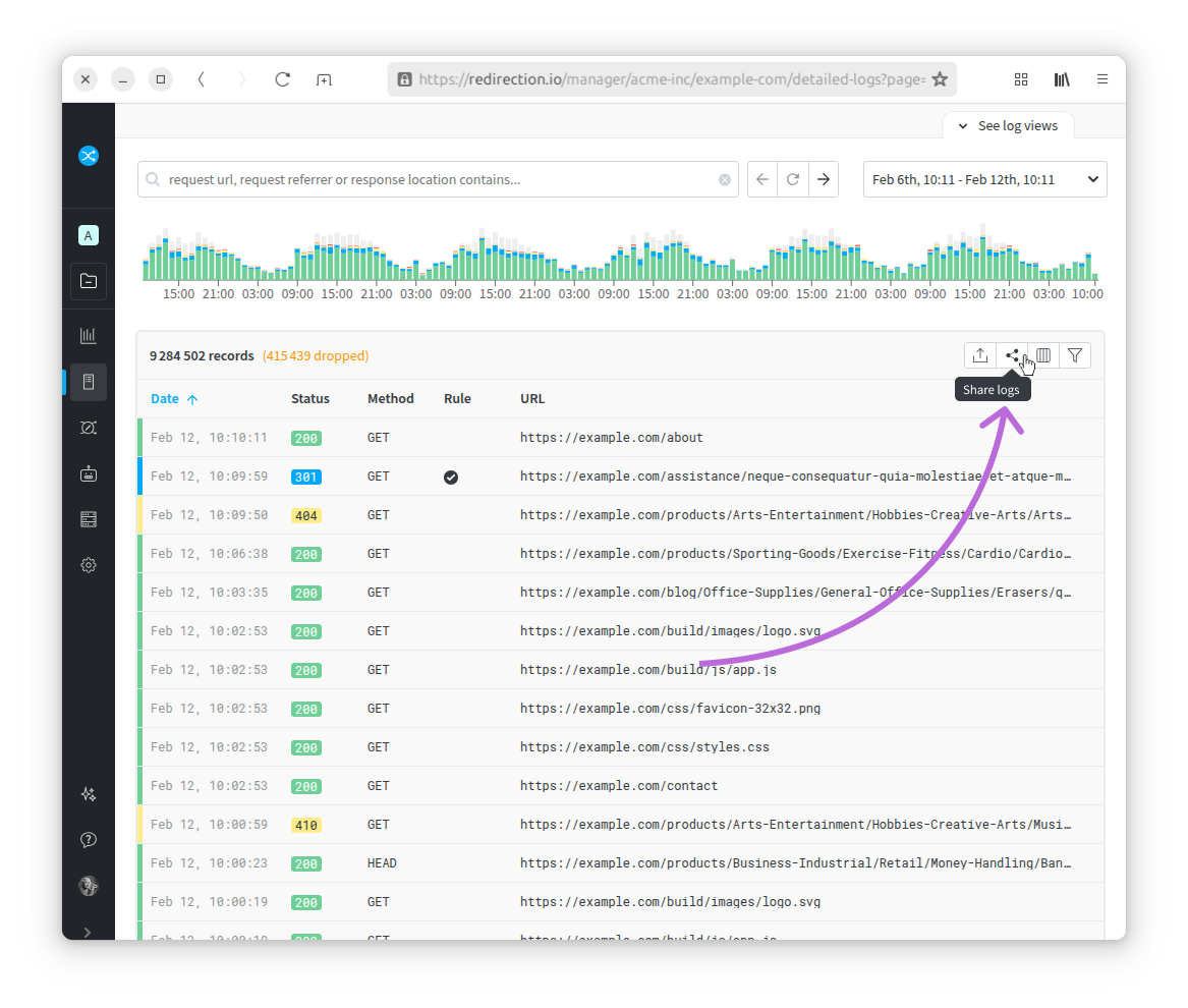 Share traffic logs using the Share logs button