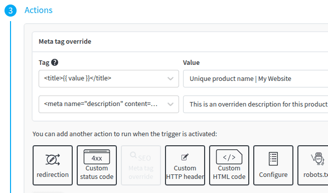 Exemple d'actions avancées, executées grâce à redirection.io