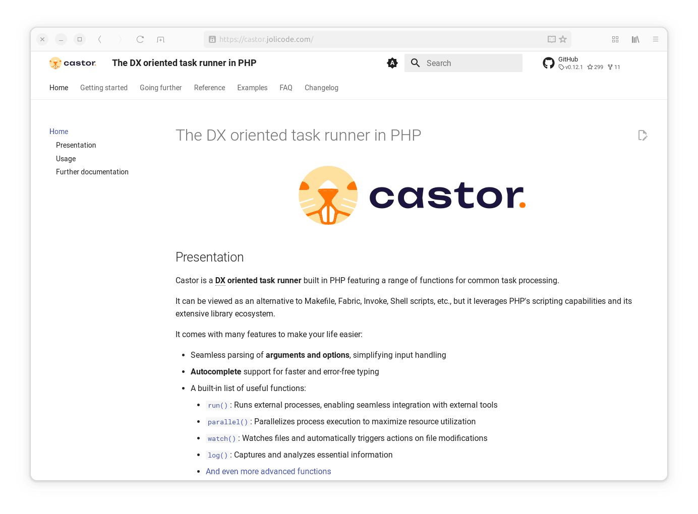 The website of Castor, a very efficient PHP task runner
