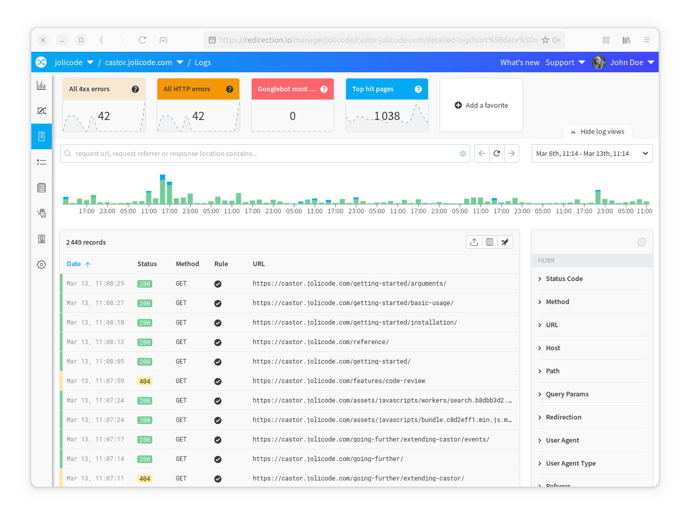redirection.io provides a direct access to traffic logs