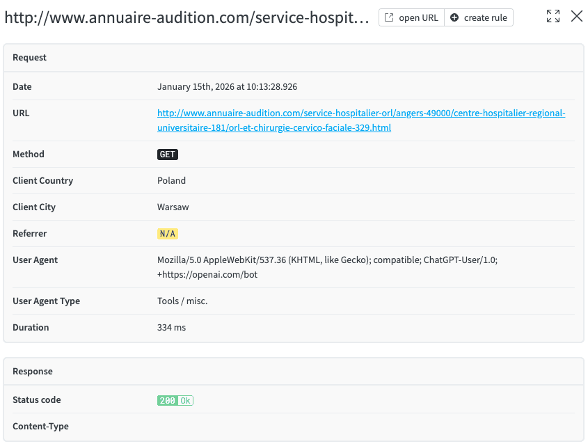 Detail panel of the log line in redirection.io