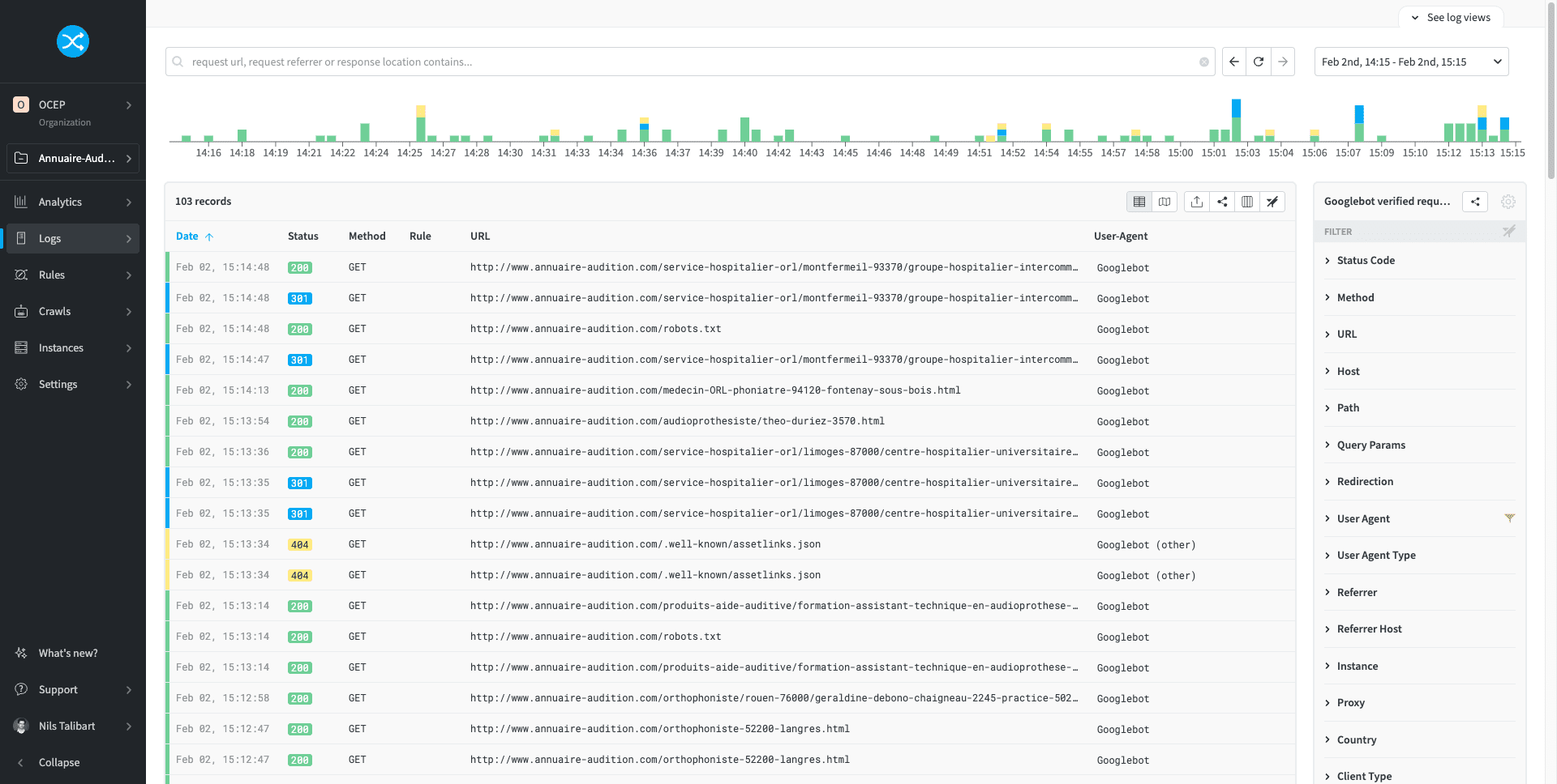 View of googlebot in logs