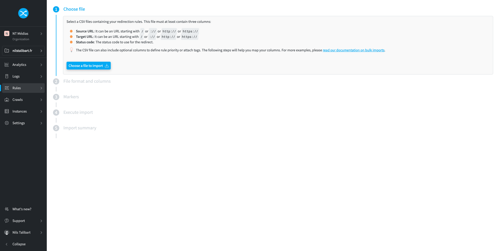 Import of rules in CSV