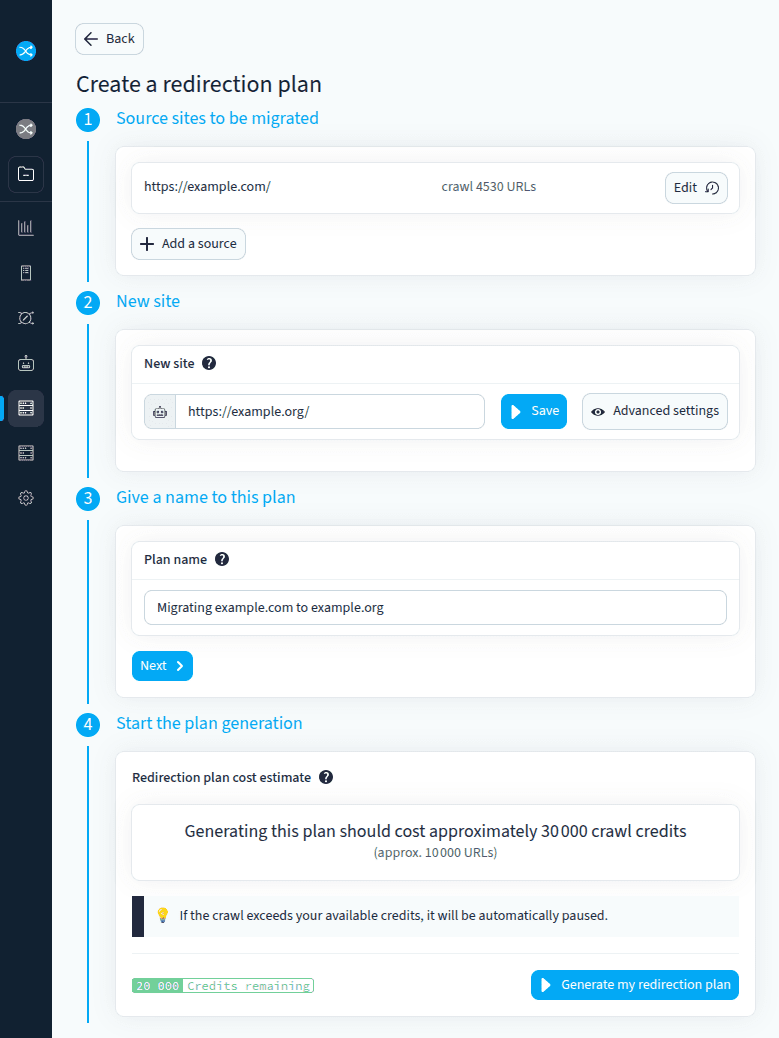 The redirection plan generator in action