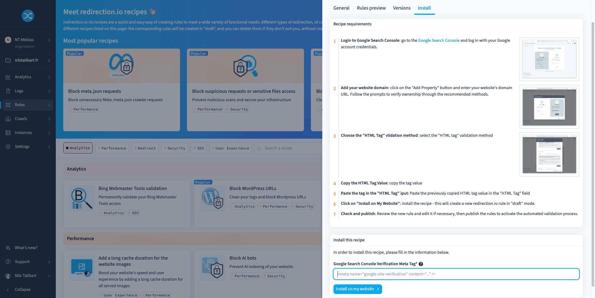 Validating the Google Search Console property