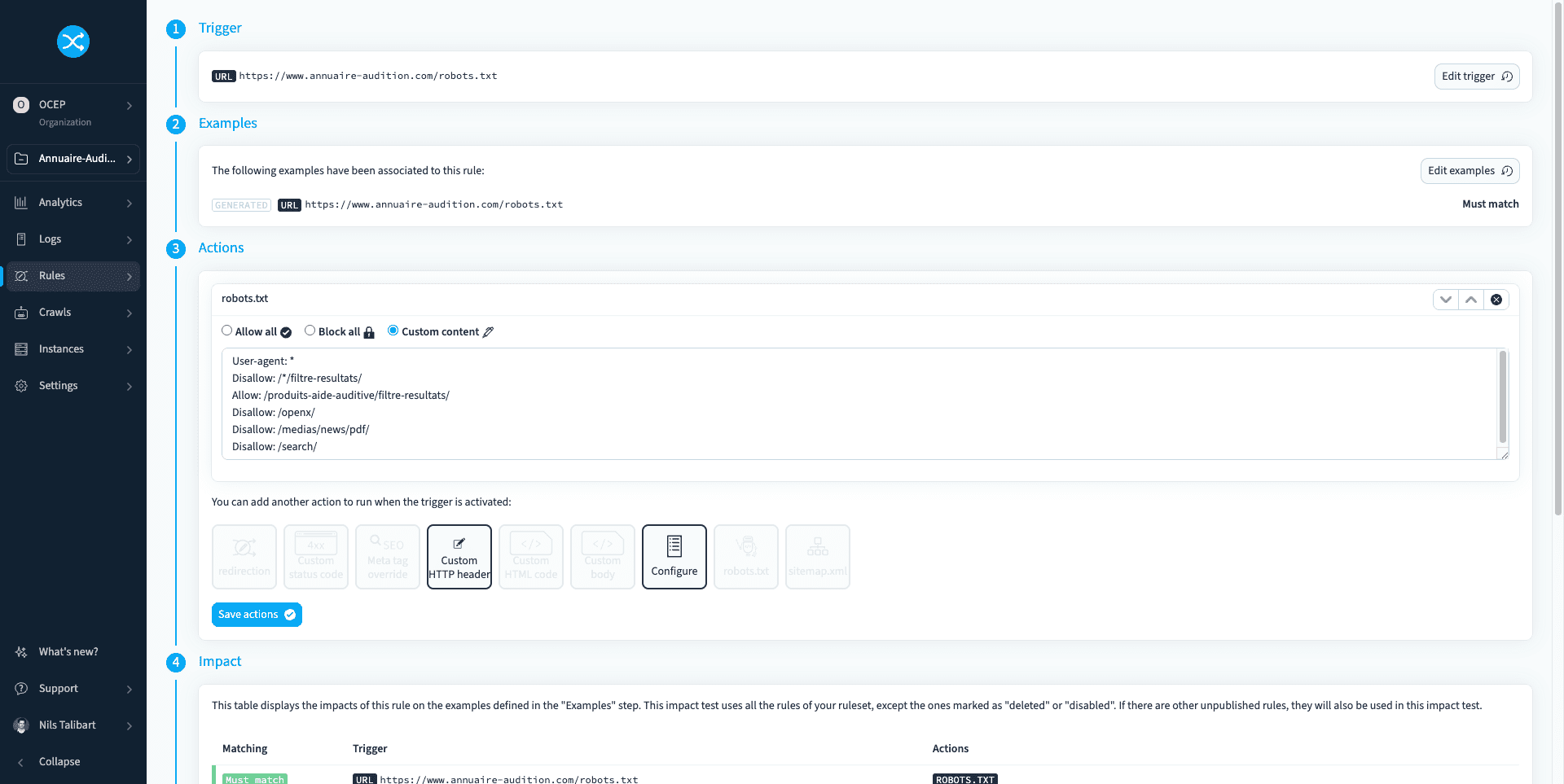 The robots.txt action in a redirection.io rule