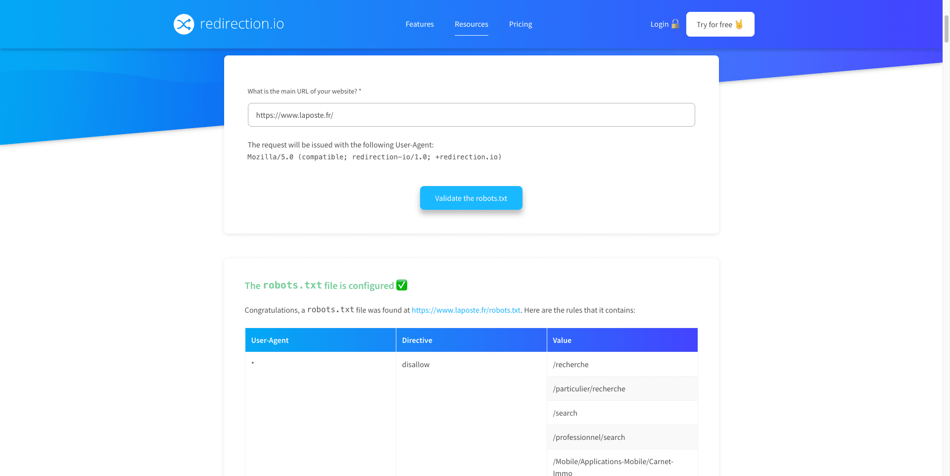 The redirection.io robots.txt validator