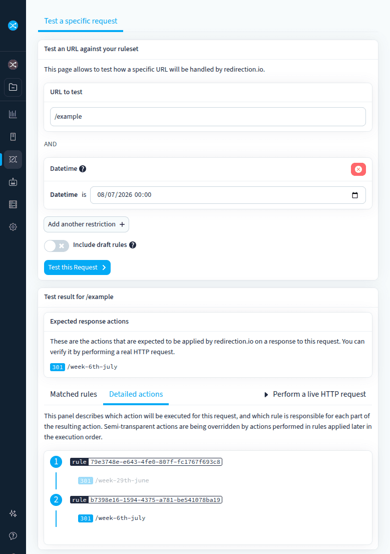 The rule tester allows to preview a future state