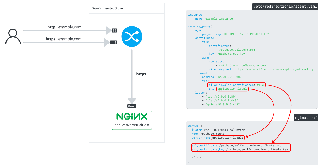 The redirection.io reverse proxy forwards a request to a SSL backend