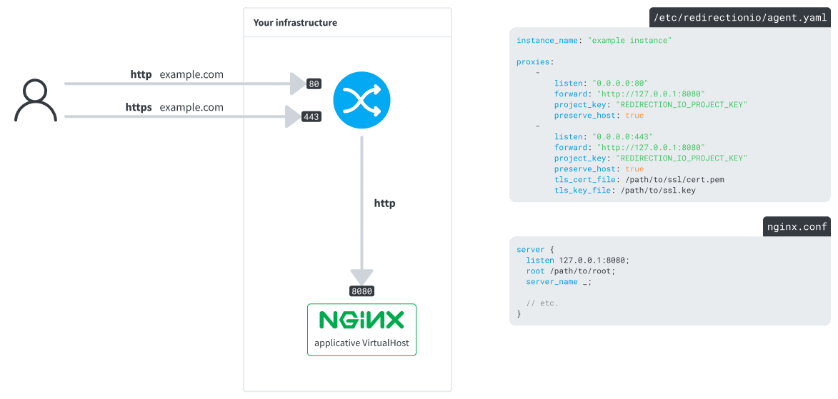 a nginx VirtualHost using the redirection.io module to observe traffic