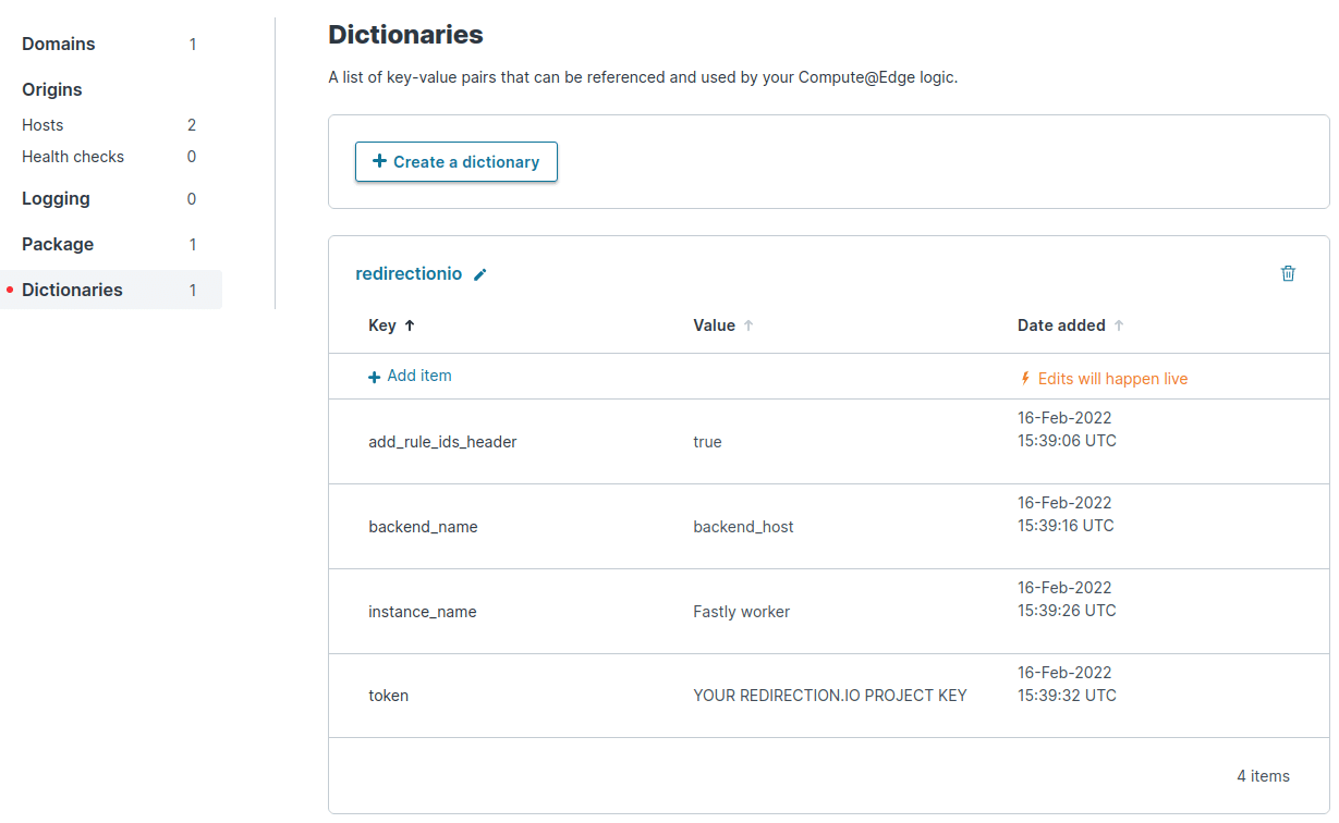 Fastly redirection.io worker dictionary configuration