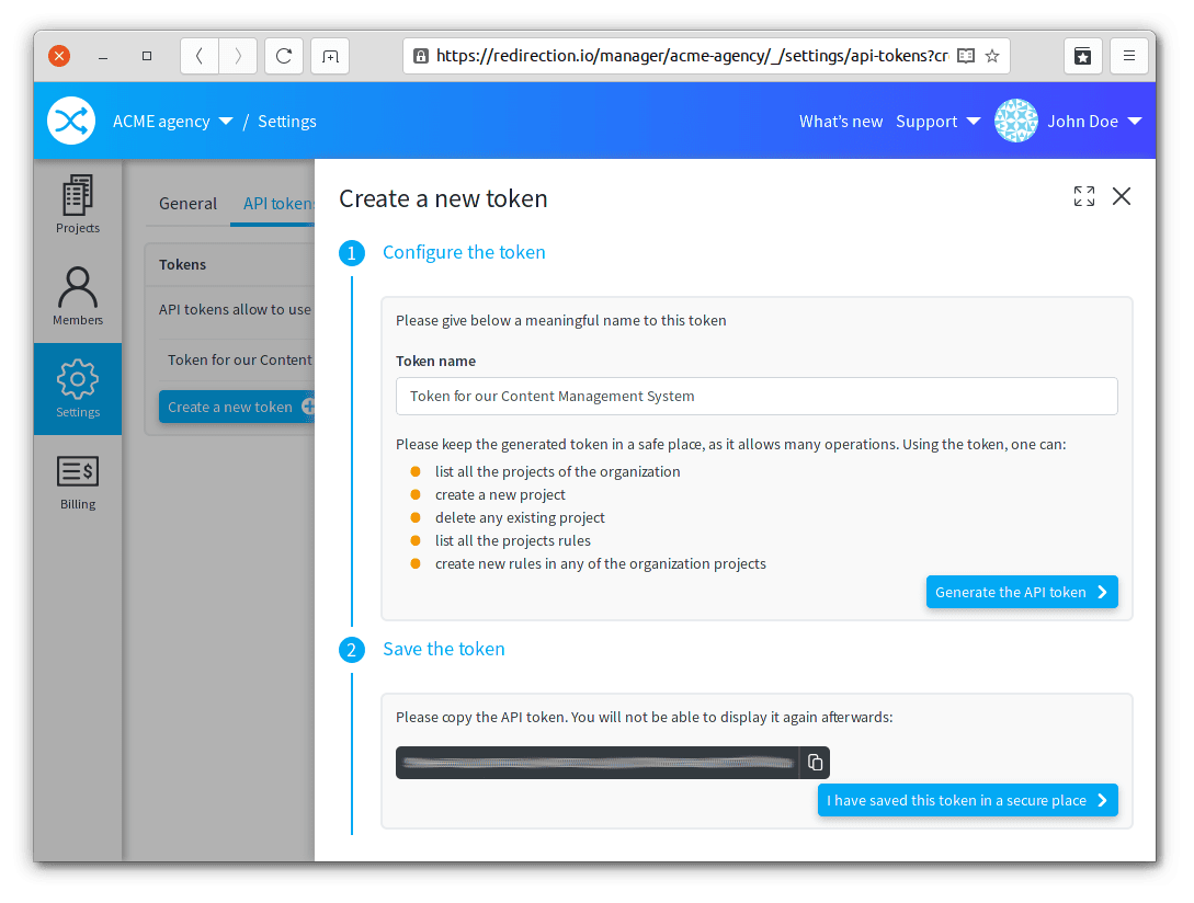 Save the API token