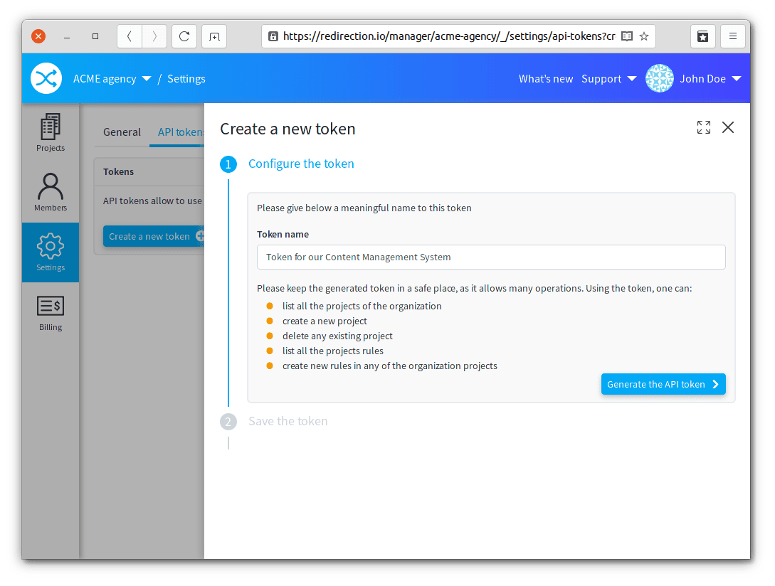API token creation