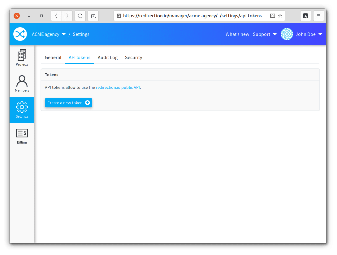API tokens management screen
