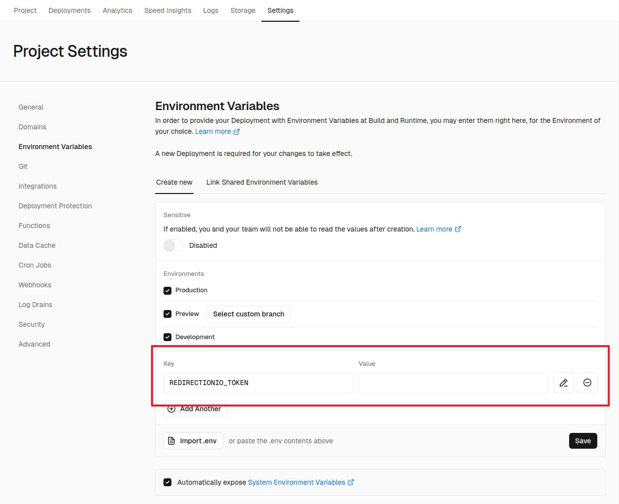 Page de configuration Vercel pour ajouter la variable d'environnement REDIRECTIONIO_TOKEN