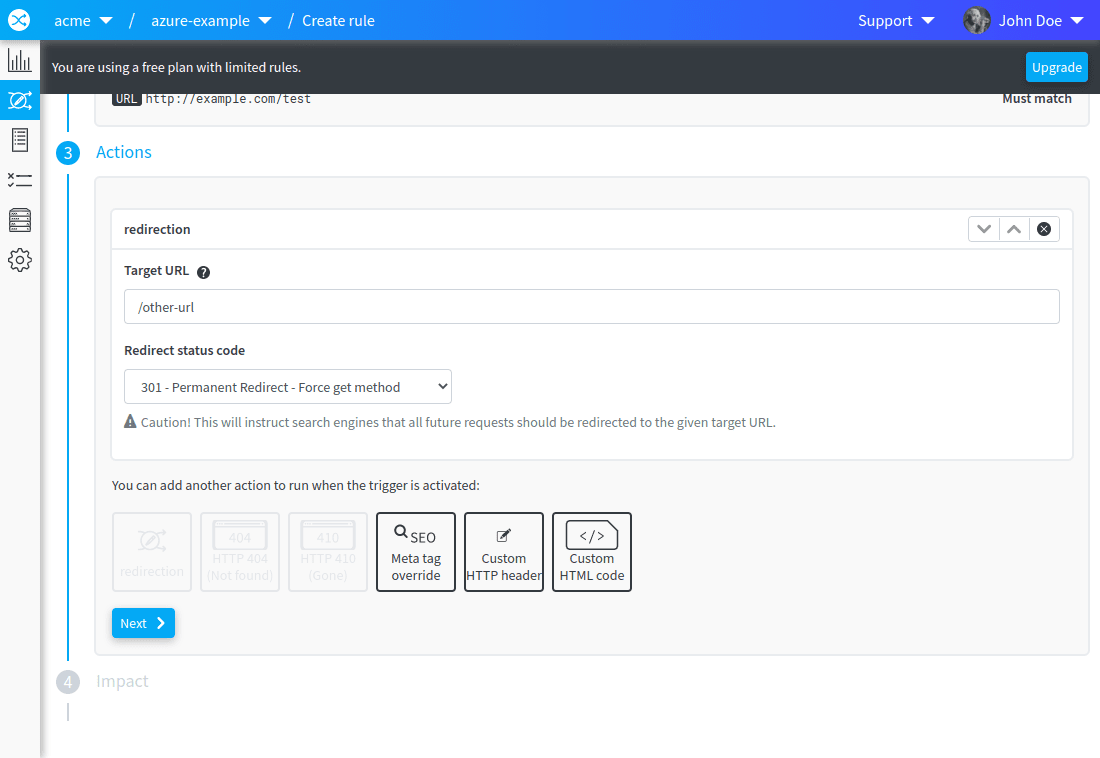 adding a redirect action