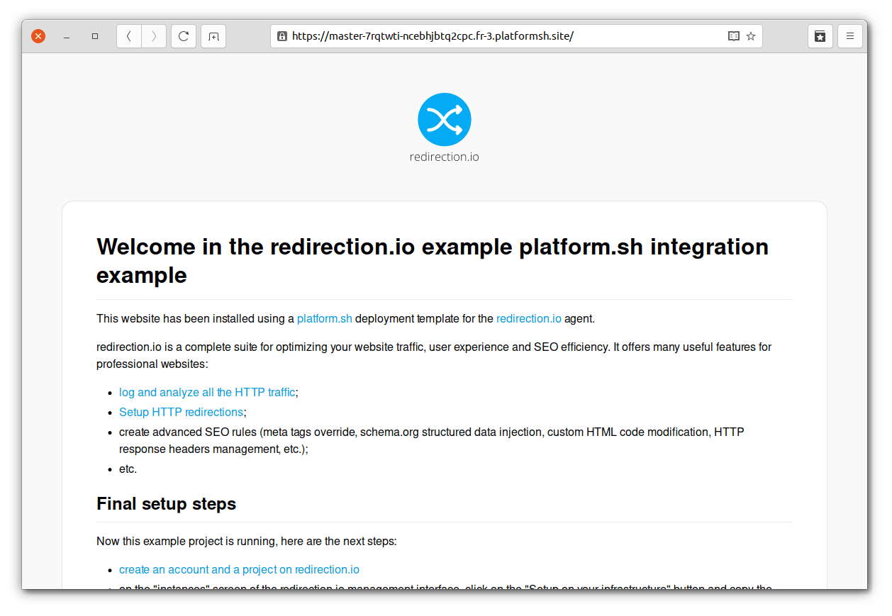 Un projet platform.sh basé sur le modèle redirection.io