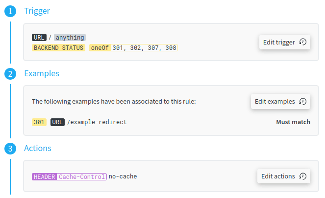 Exemple de règle redirection.io qui désactive la mise en cache de toutes les redirections