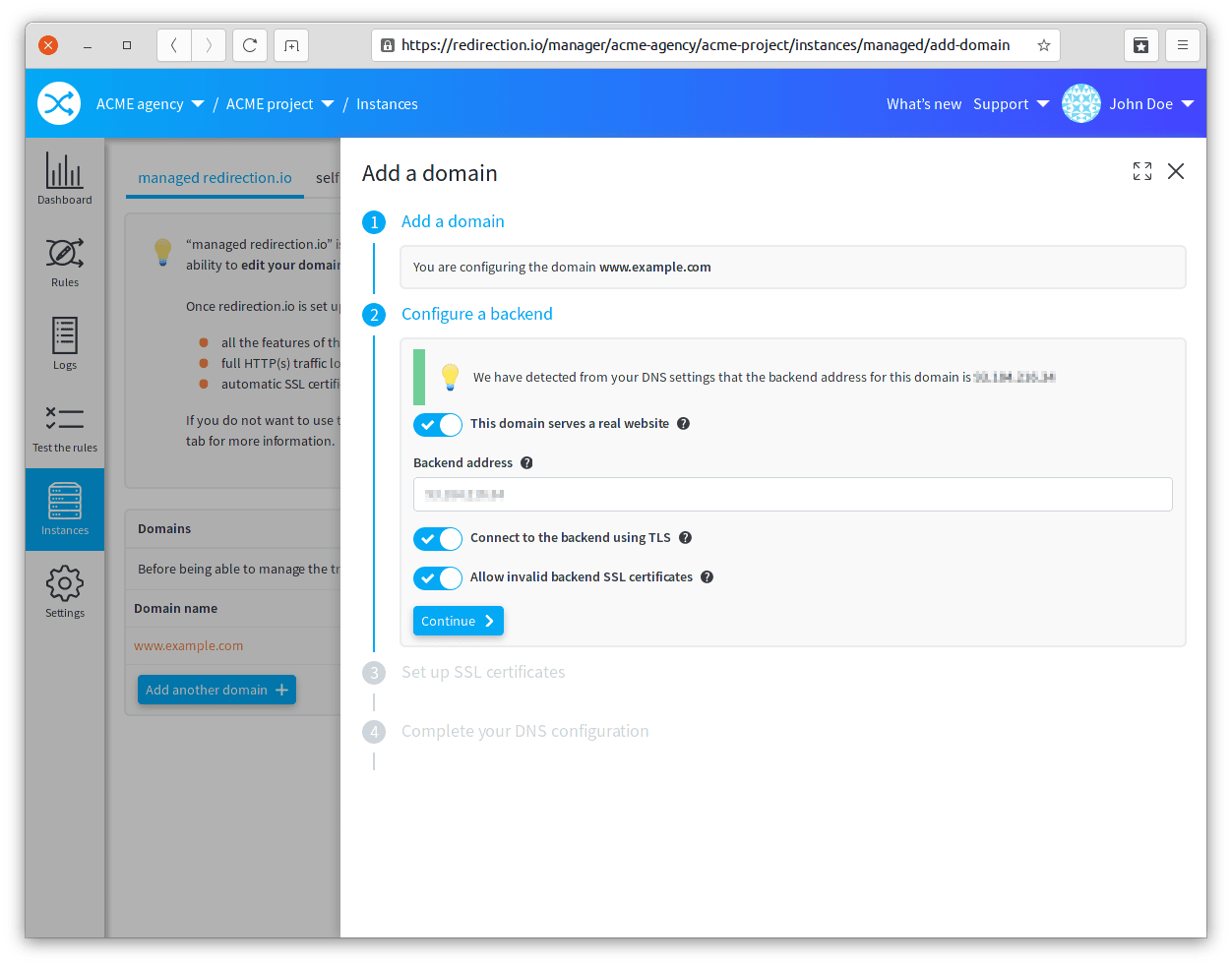 Configuration d'une adresse de backend dans un domaine géré par redirection.io