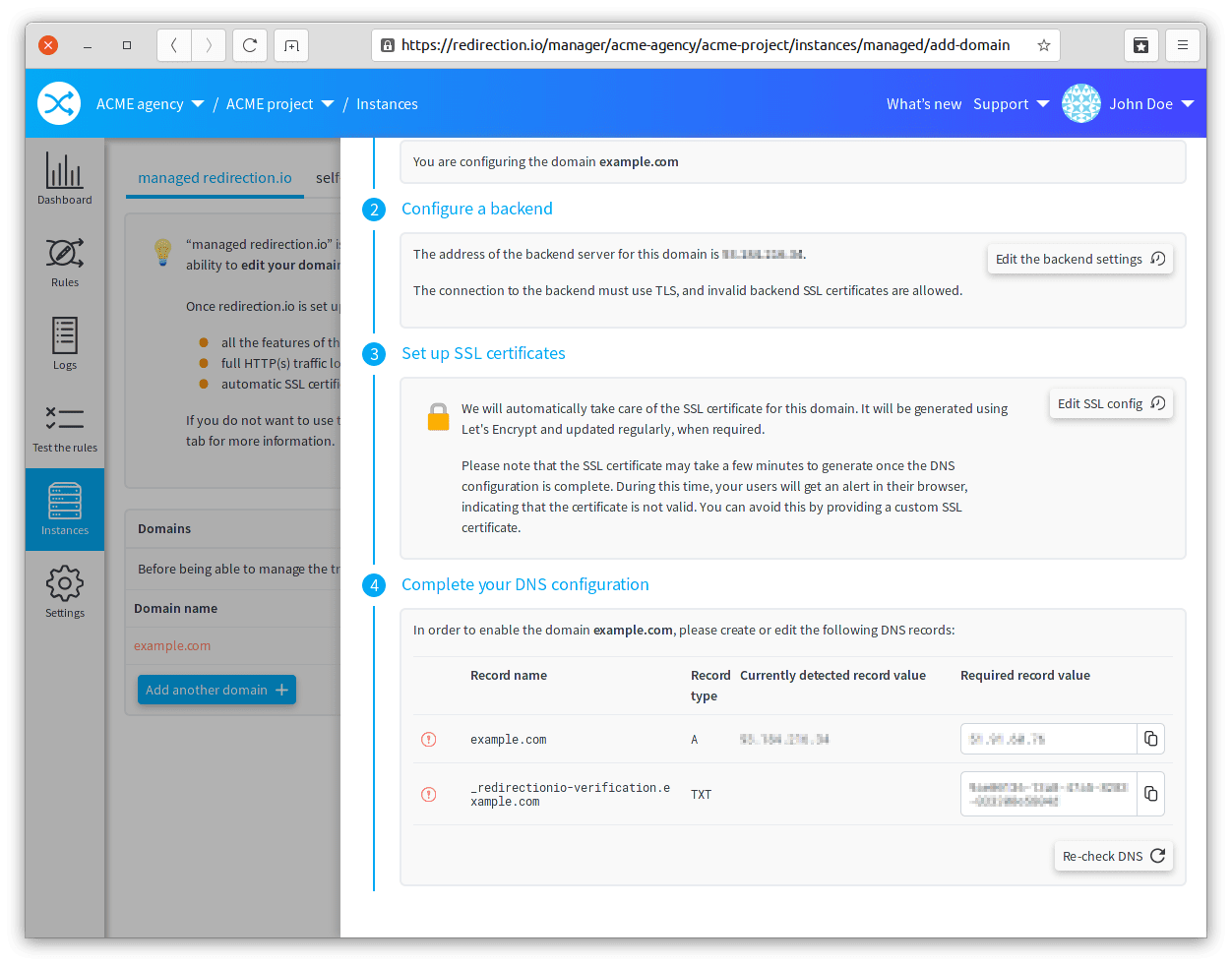 La configuration DNS est la dernière étape pour lier un nom de domaine au projet redirection.io
