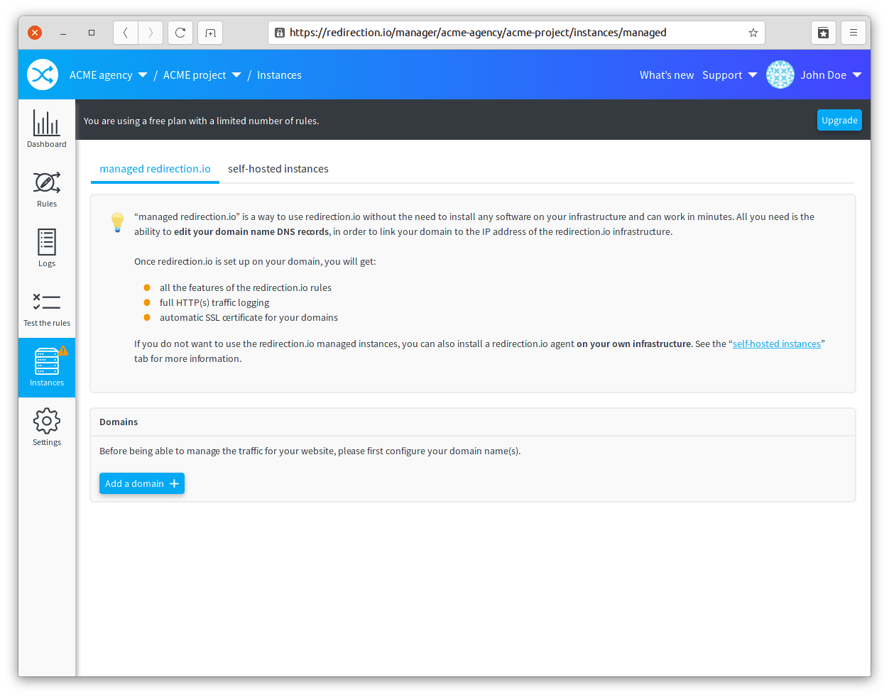 L'écran des instances managées de redirection.io