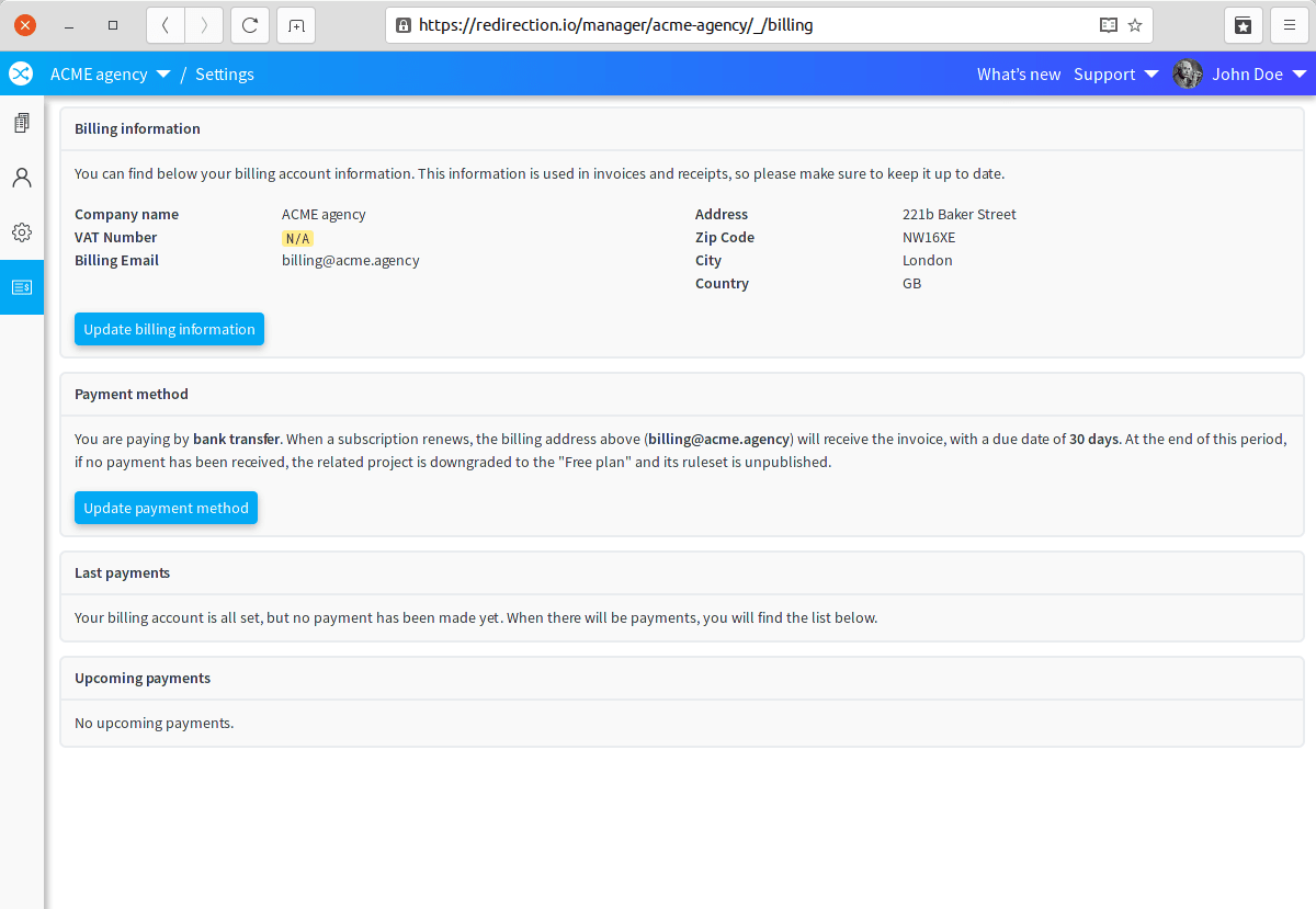 Organization billing information, filled