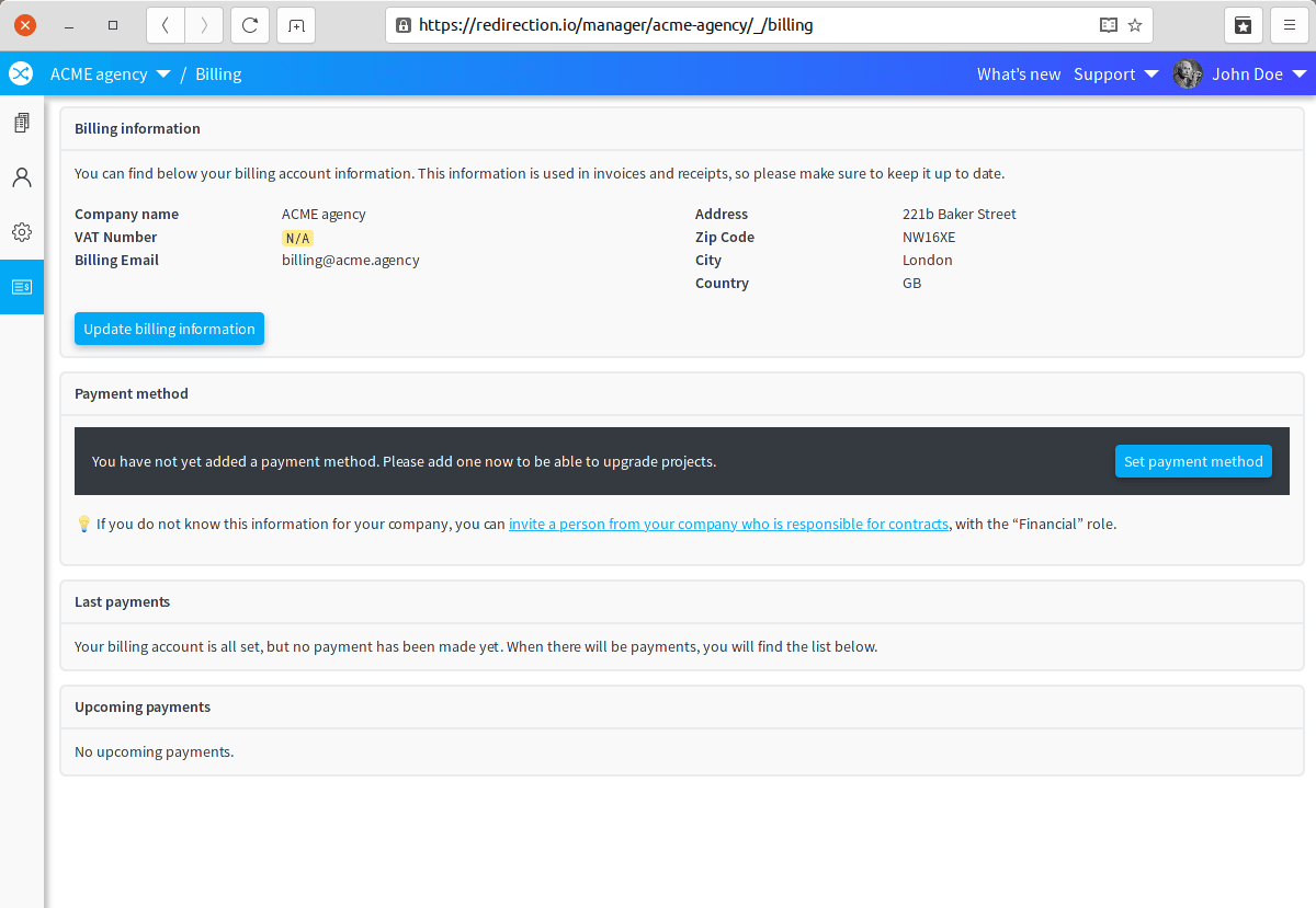 Organization billing information, filled