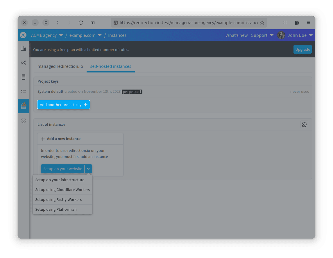 L'interface de gestion des clés de projet redirection.io
