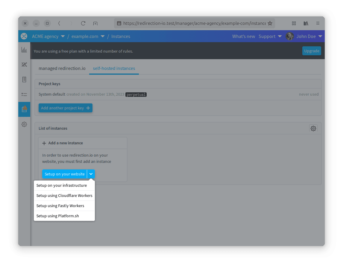 Choisissez une méthode pour installer redirection.io sur votre site web