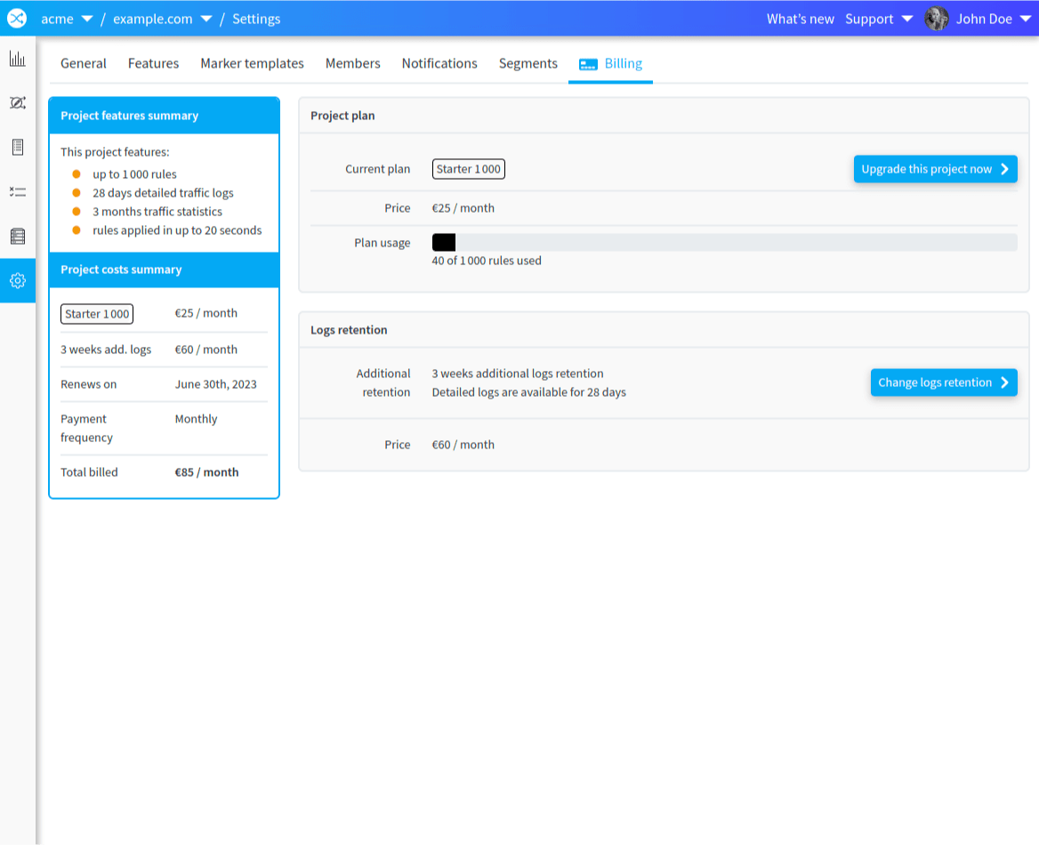 L'écran de billing d'un projet sur un Starter plan avec 3 semaines additionelles de logs