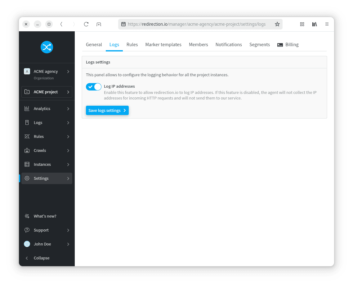 Les paramètres des logs permettent d'activer l'enregistrement des adresses IP