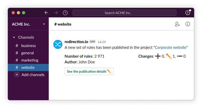Un exemple de notification Slack de publication de règle
