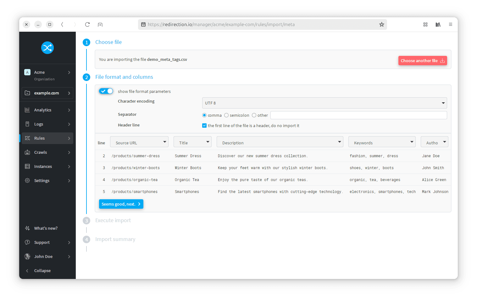 Format du fichier d'import de meta tags