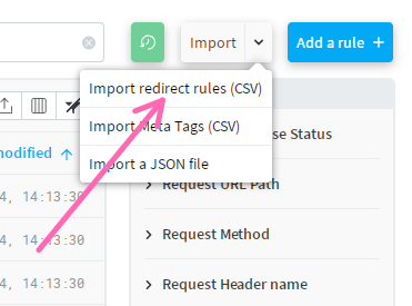 Le bouton d'import de règles de redirection