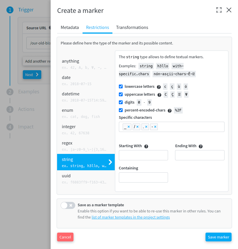 Tab des restrictions d'un marqueur