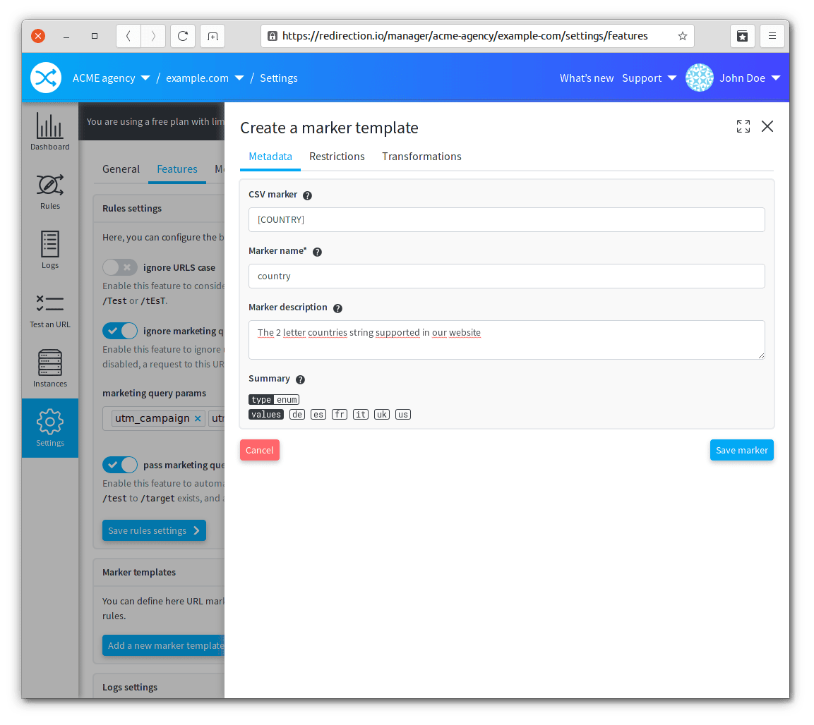 redirection.io project settings, marker template creation form