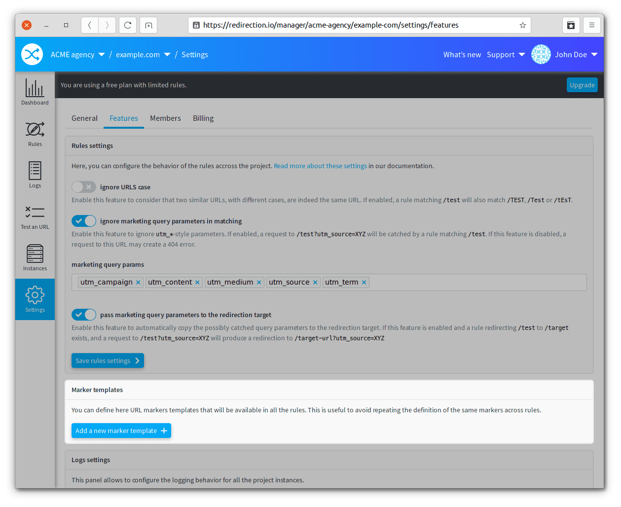 redirection.io project settings, marker templates list