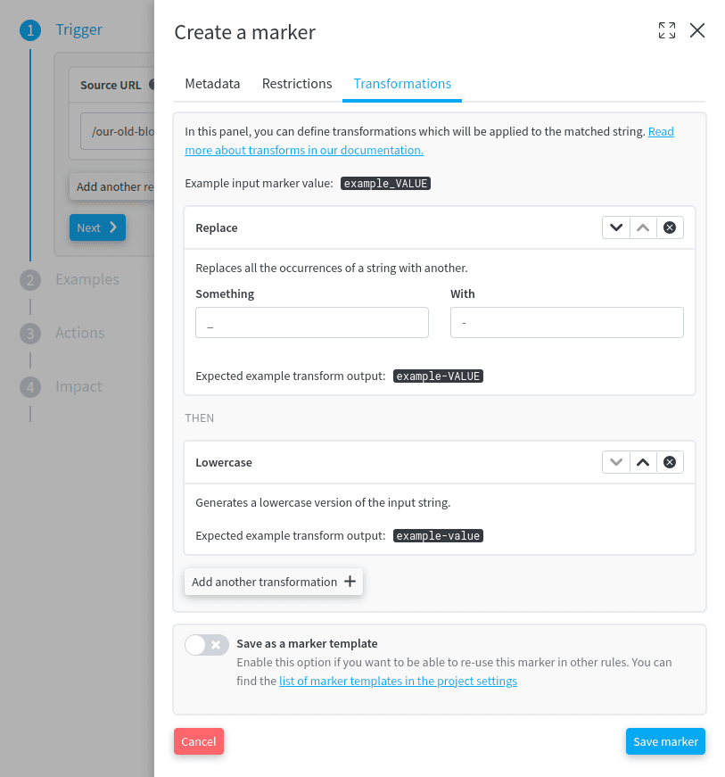 Tab des transformations d'un marqueur