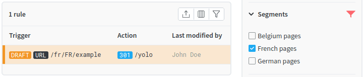 rules list, filtered by a segment
