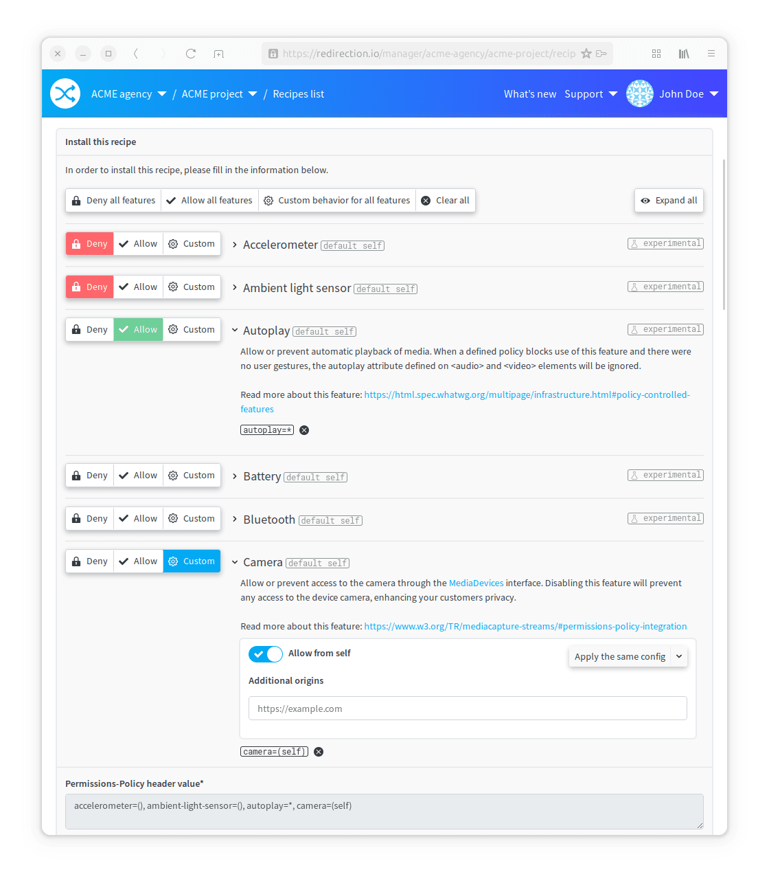 The Permission Policy assistant included in redirection.io recipes