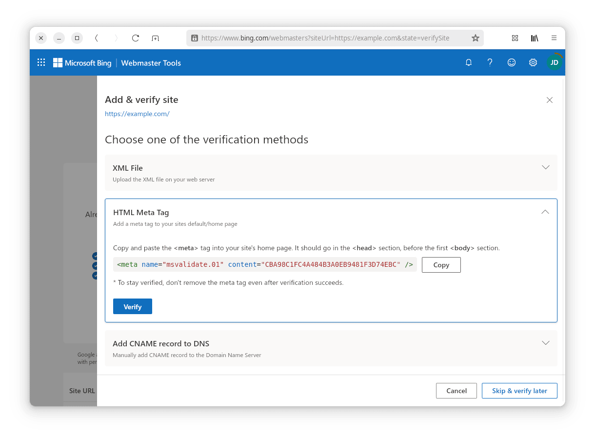 Choisissez la méthode de validation "HTML Tag"