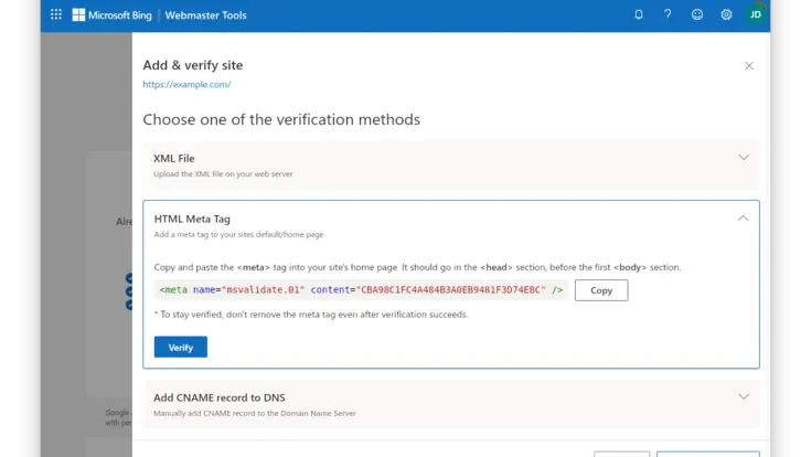 Permanently validate your Bing Webmaster Tools access