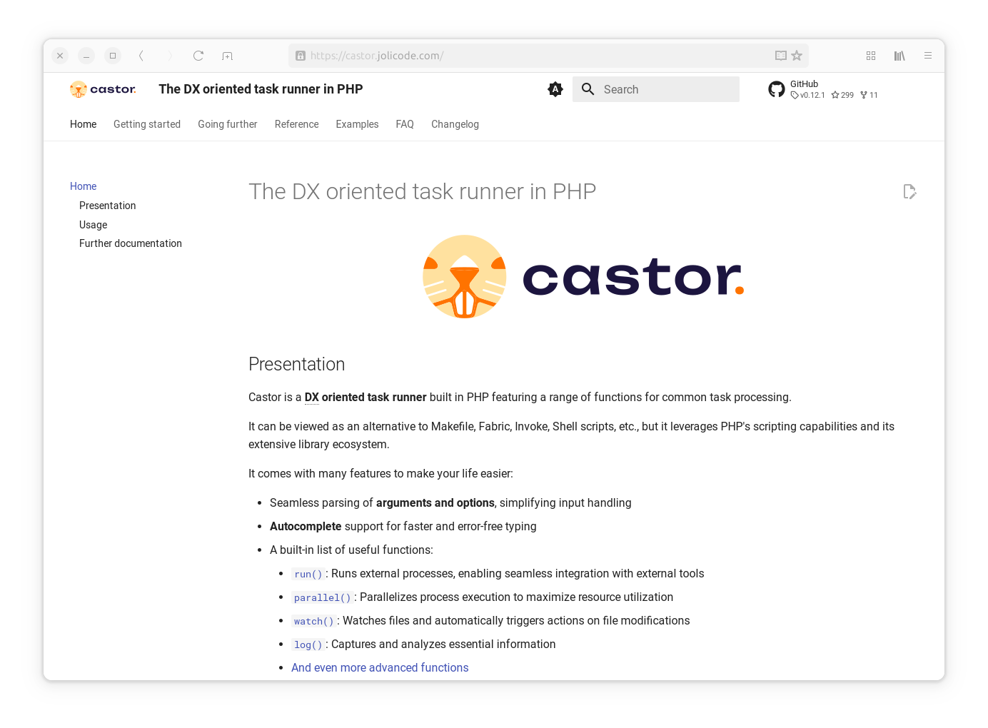 The website of Castor, a very efficient PHP task runner