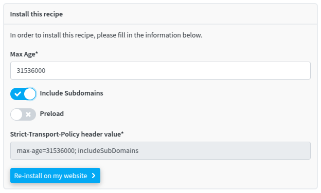 The HSTS recipe installation interface in redirection.io