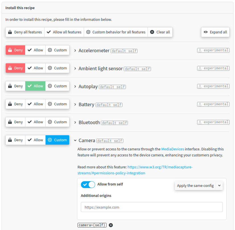 The Permissions-policy recipe installation interface in redirection.io